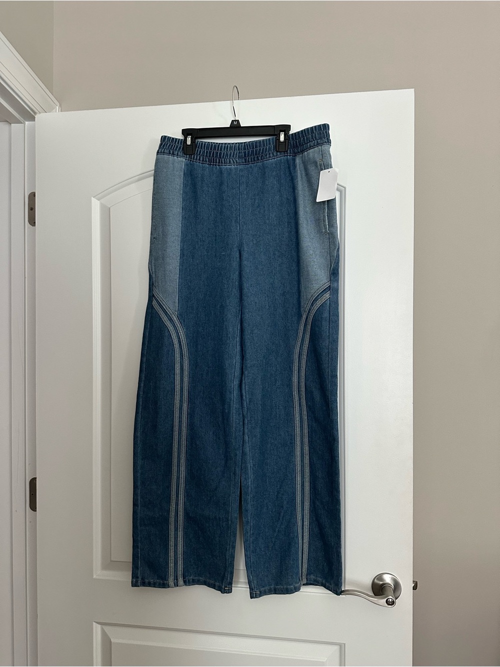 Wide Leg Two-Tone Denim Pants - Blue